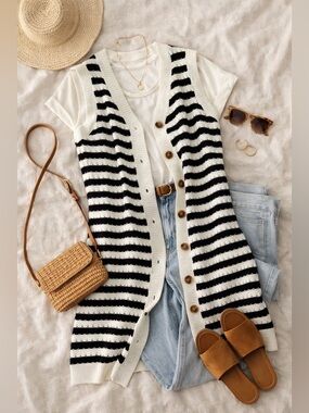 Navy & Cream Striped Knit Button Front Sweater Vest  cardigan Dress Size M